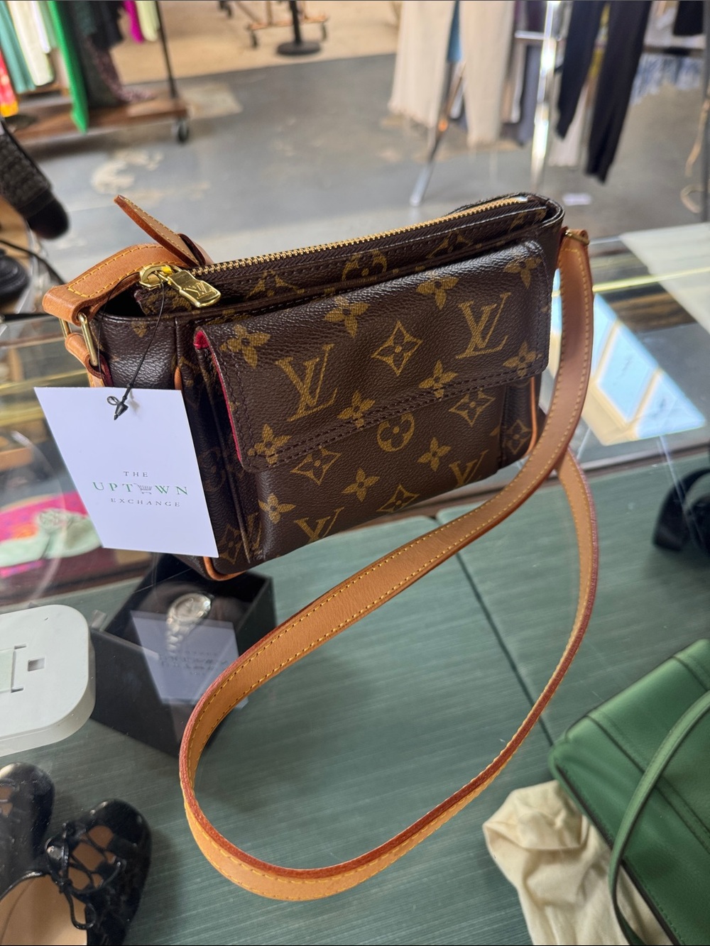 Louis Vuitton Brown Monogram Canvas Shoulder Bag with Tan Strap